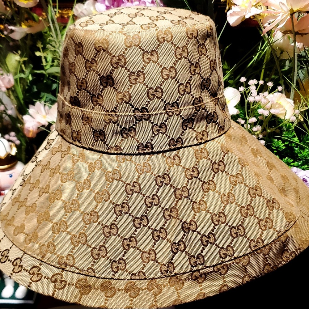 Gucci GG Monogram Bucket Hat Wide Large Brim Beige Tan Canvas Jacquard - Picture 8 of 15